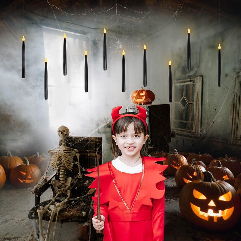 Leejec 10 Pcs of 10.8" Floating Candles, Magic Wand Remote with 6/18H Timer, Halloween Decorations, Hanging Flameless Taper Candles, Flickering Warm White LED, Home Decor, Witch Wizard Gift (Black) - Image 2